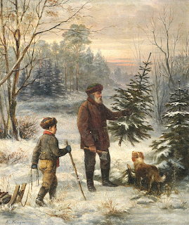 Man and boy choosing Christmas tree in snowy forest with dog, vintage painting style