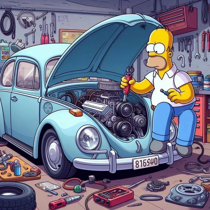 Homer Simpson repairing a classic blue VW Beetle in a messy garage with tools scattered around