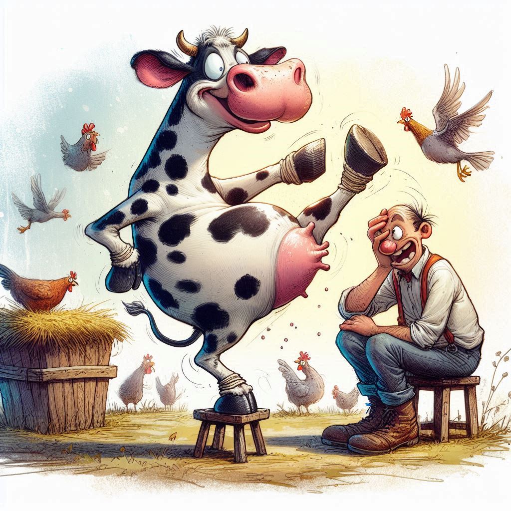 Cartoon cow dancing on one hoof on a stool with a farmer watching in a barnyard scene