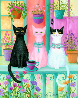 Three decorative cats sitting on ornate balcony with hanging flower baskets and colorful plants
