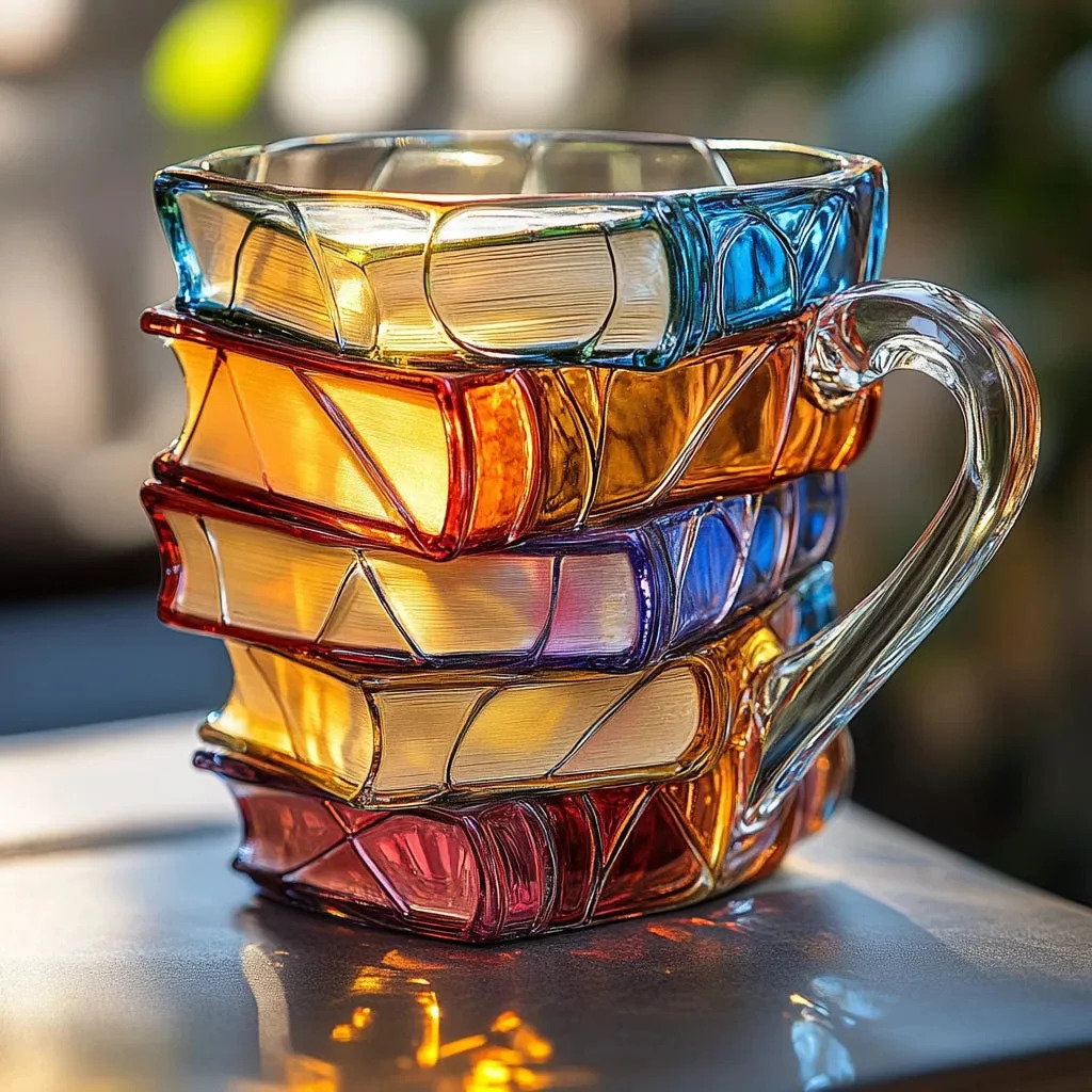 Glass cup sculpted as stacked books with multicolored translucent panels and handle