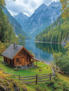 Log cabin on grassy shore of mountain lake with snowy peaks and pine forest
