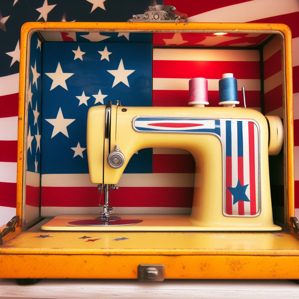 Yellow vintage sewing machine with patriotic star and stripe decoration in wooden case with American flag background