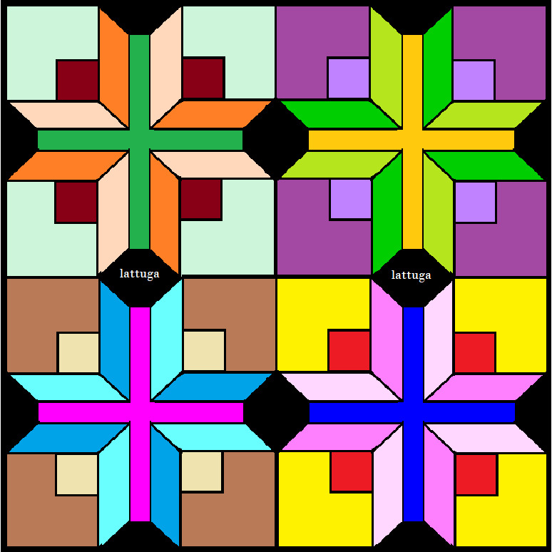 Geometric patchwork quilt pattern with four colorful square blocks in mint, purple, brown, and yellow with angular layered shapes
