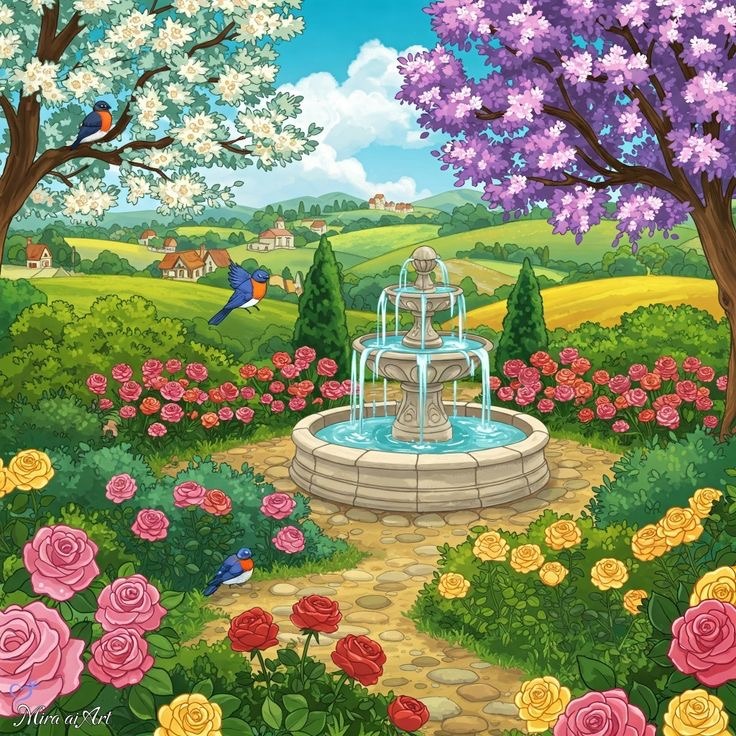 Colorful garden with a stone fountain, roses, flowering trees, birds, and rolling countryside