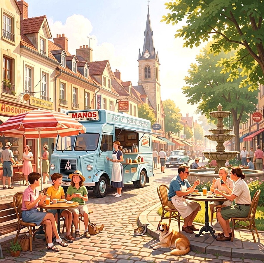 Illustrated town square with outdoor diners, a food truck, fountain, and cobblestone street