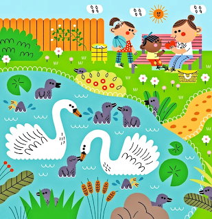 Cartoon swans with baby cygnets in a pond beside children in a bright garden