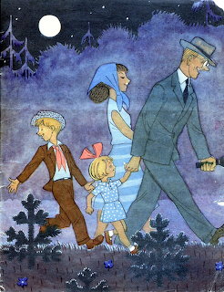 Illustrated family of four walking at night under a full moon with trees and starry sky
