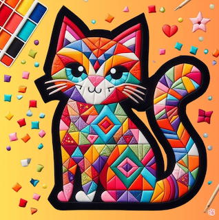 Colorful cat with geometric patchwork pattern made of triangles and diamonds