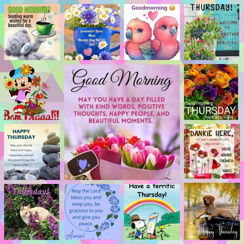 Colorful collage of good morning and weekday greeting cards with flowers, animals, coffee, and positive messages
