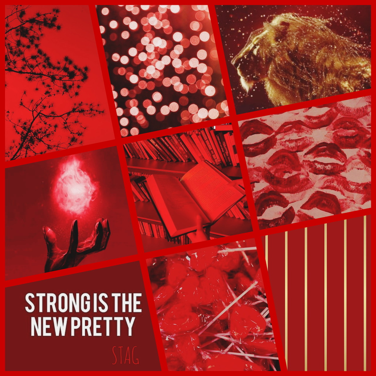 Red collage of abstract photos, patterns, stripes, and a quote panel reading Strong Is the New Pretty