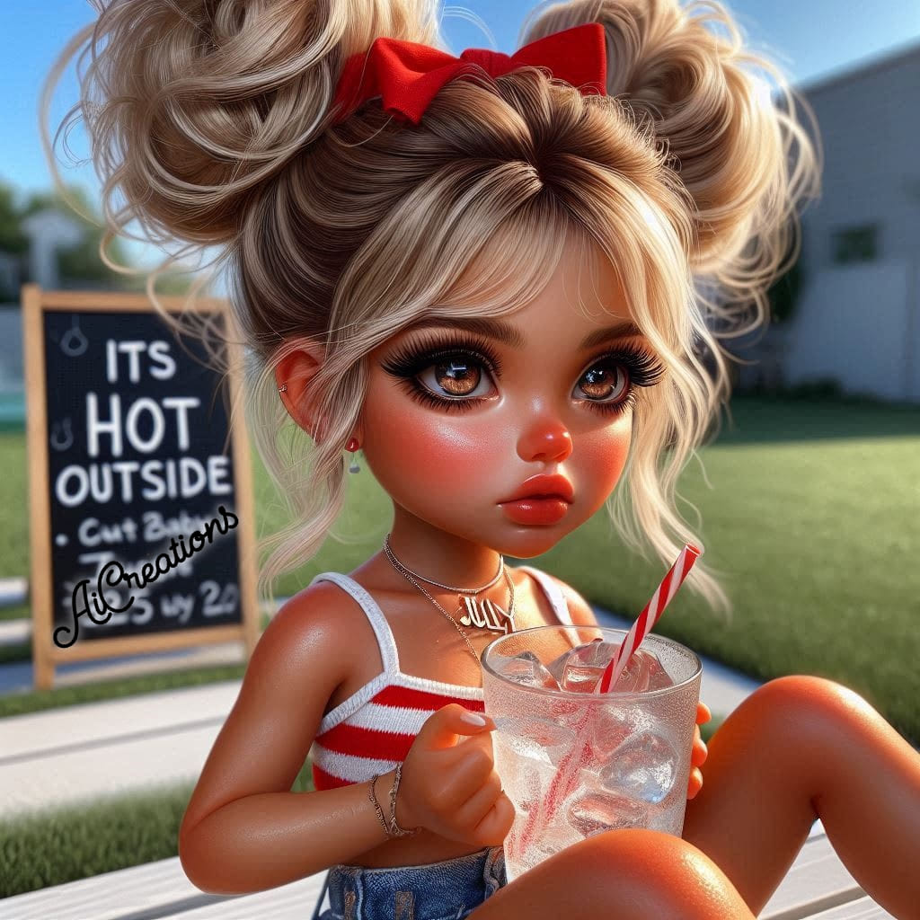 Stylized doll-like girl with large eyes holding a cold drink outdoors
