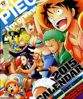 Colorful One Piece anime art showing Luffy, Zoro, Nami and other Straw Hat crew members in dynamic poses