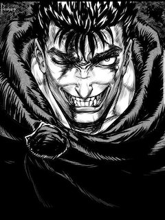 Black and white manga illustration of Guts from Berserk with fierce grin and dark cloak