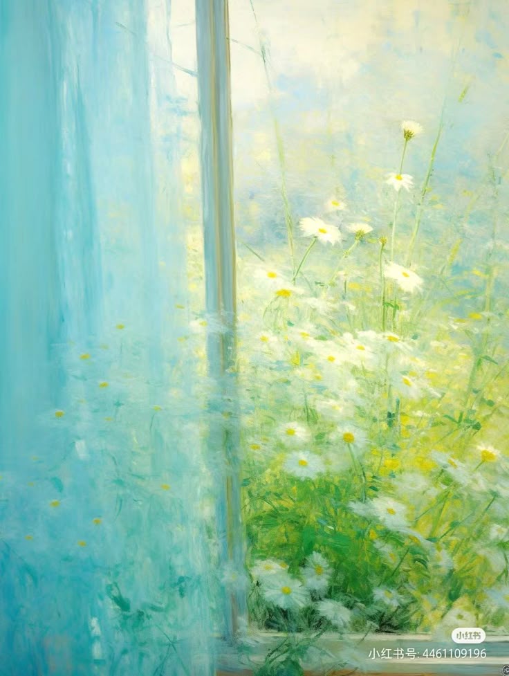 Impressionist painting of a sheer blue curtain by a window with white daisies and green plants outside