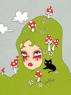 Illustrated girl with green mushroom hair and black cat in whimsical style