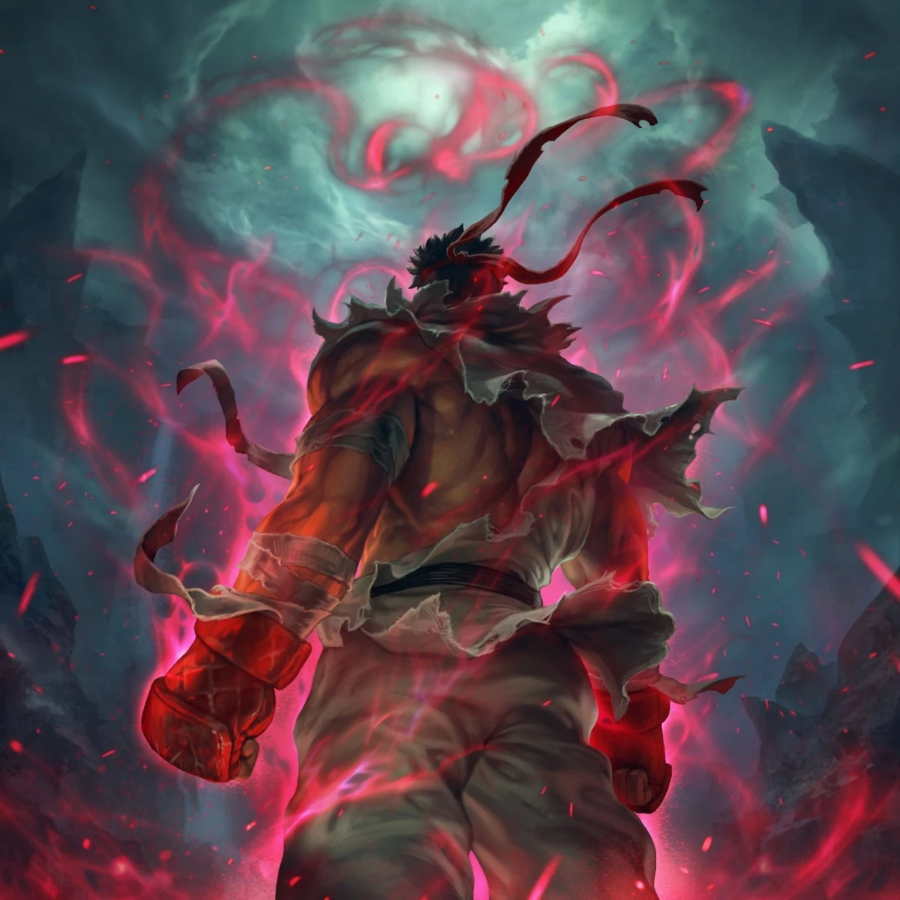 Ryu from Street Fighter seen from behind with glowing red energy swirling around him