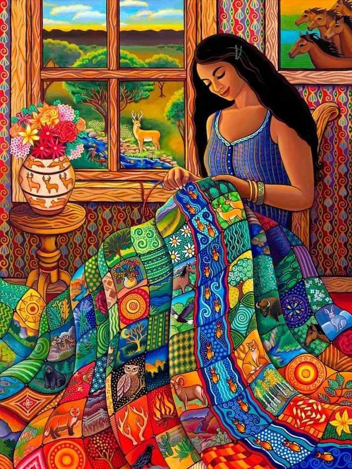 Woman Sewing Quilt