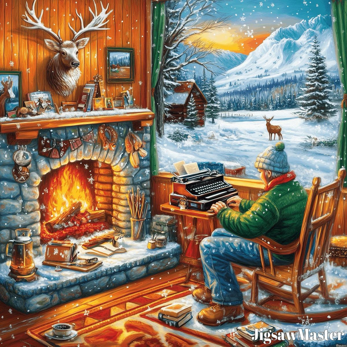 Person reading by fireplace in cozy cabin with winter mountain view through window