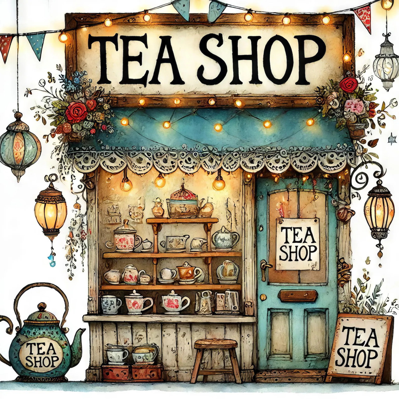 Illustrated vintage tea shop storefront with lights, bunting, teacups, and flowers