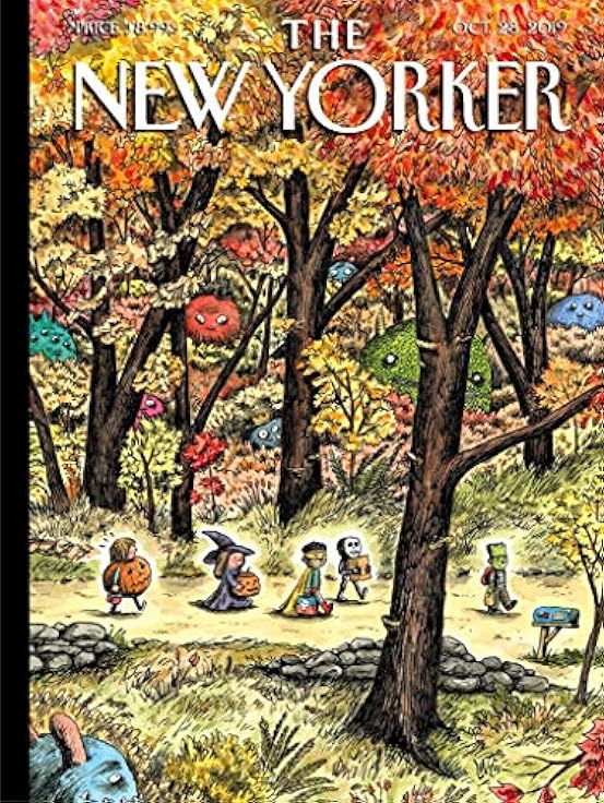 New Yorker magazine cover showing autumn park with orange and yellow trees, people sitting and children playing