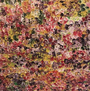 Abstract impasto painting with dense pink, yellow, green, and brown textured brushstrokes