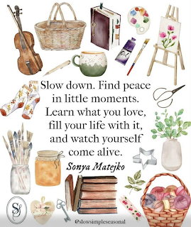 Watercolor illustration of hobby items like violin, books, knitting basket, easel, plants surrounding an inspirational quote