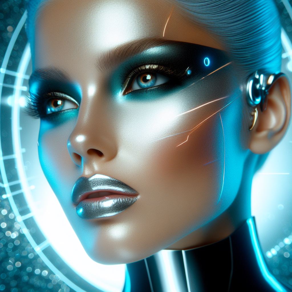 Woman with futuristic metallic blue makeup and cybernetic enhancements against holographic digital interface