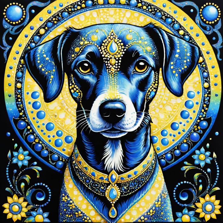 Decorative dog portrait in blue and yellow mandala style with intricate patterns and jeweled ornaments