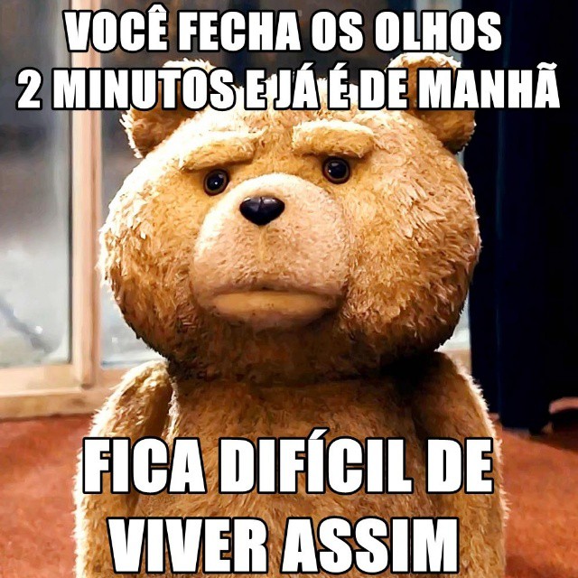 Brown teddy bear character with serious expression and Portuguese meme text