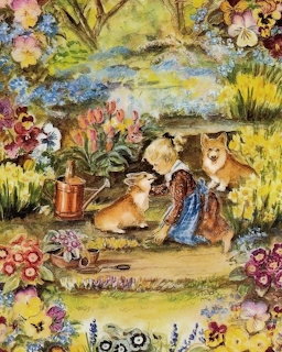 Watercolor painting of a girl sitting in a flower garden reading a book with two corgi dogs beside her