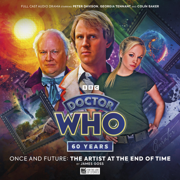 Doctor Who cover art with three characters and a colorful cosmic sci-fi background