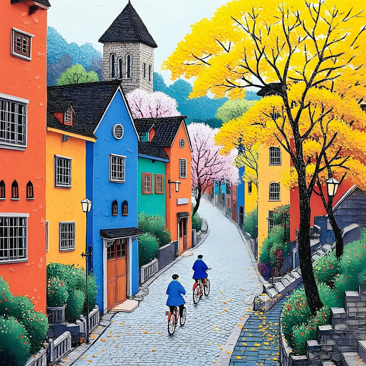 Two cyclists riding down a colorful coblestone village street with bright houses and autumn trees