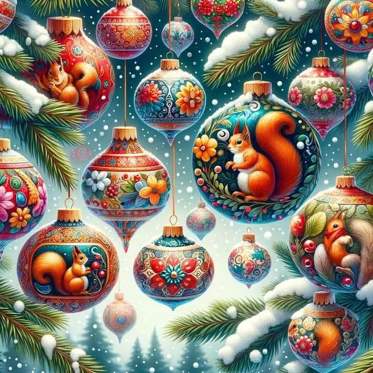 Colorful Christmas ornaments with floral patterns hanging among evergreen branches over snowy winter forest