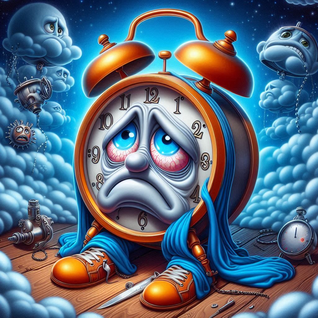 Cartoon orange alarm clock with sad crying face, blue tears, standing on wooden surface with cloud background