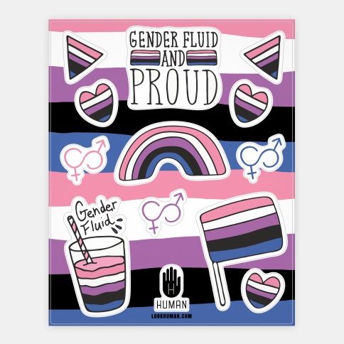 Gender fluid pride sticker sheet with rainbow, gender symbols, layered drink, flag, and 'Gender Fluid and Proud' text