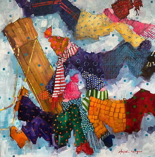 Abstract collage artwork with colorful patterned fabric pieces stitched together on textured background