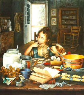Painting of a girl and dog at a kitchen table covered with baking ingredients and gingerbread cookies