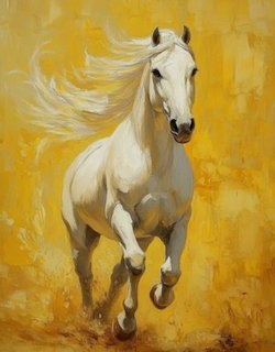 White horse running with flowing mane in oil painting on golden yellow background