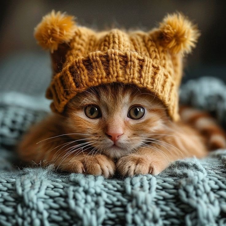 Ginger kitten wearing brown knitted hat with pom-poms lying on blue textured blanket