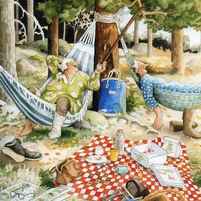 Illustration of two women relaxing in hammocks at a woodland picnic with a checkered blanket and food