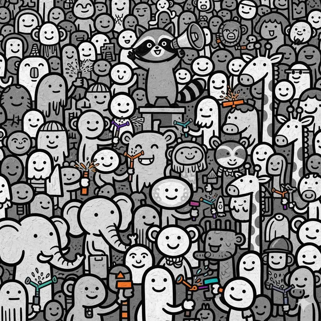 Dense pattern of black and white doodle characters with various expressions and shapes filling entire frame