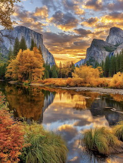 Yosemite Valley with autumn foliage, river reflections, granite cliffs, and sunset clouds