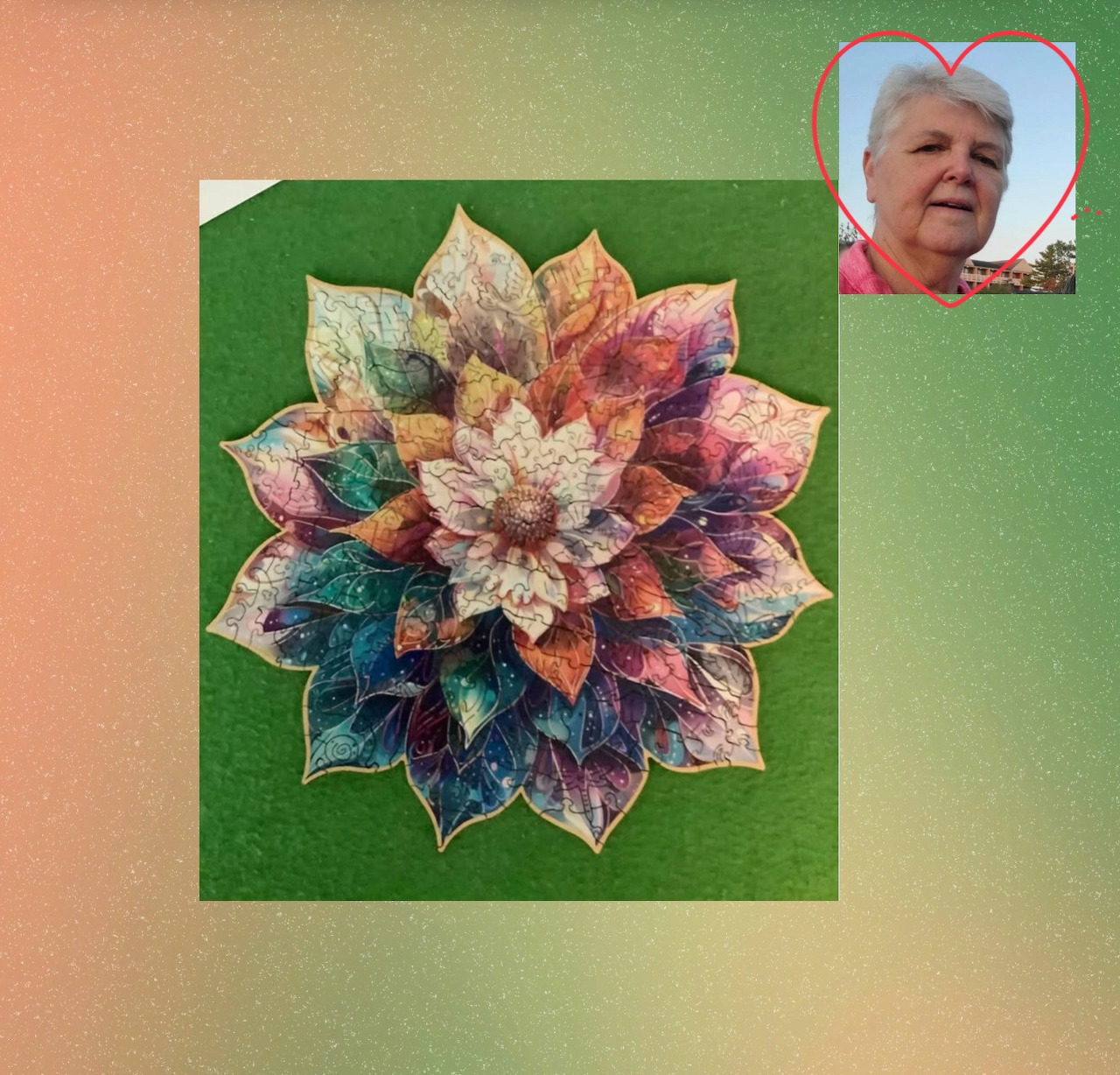 Colorful floral mandala artwork on a green background with a small inset portrait of an elderly woman