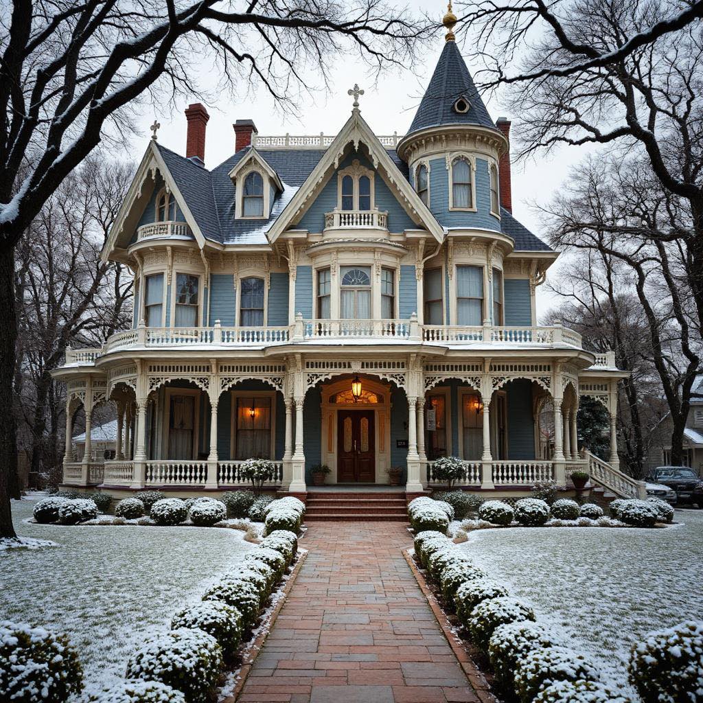 Victorian house with turret and wraparound porch in winter with snow on lawn and bare trees