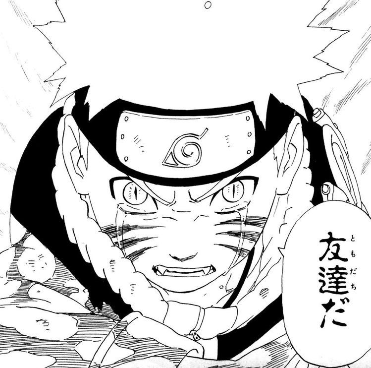 Black-and-white manga close-up of Naruto wearing a leaf village headband