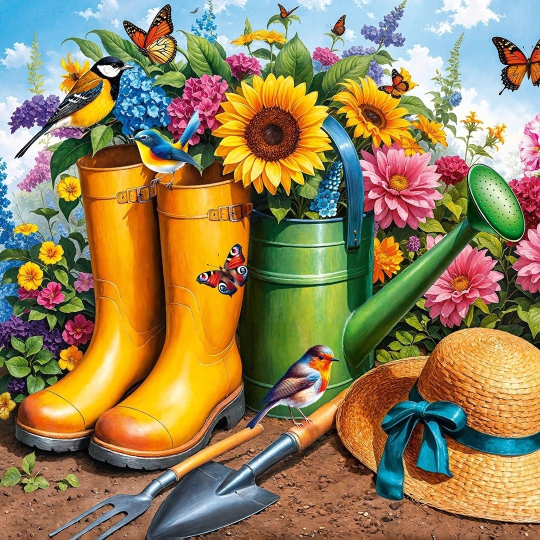 Garden tools including yellow boots, green watering can, trowel, and straw hat surrounded by sunflowers and butterflies