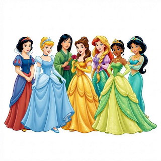 Six Disney princesses standing together in colorful dresses on a white background
