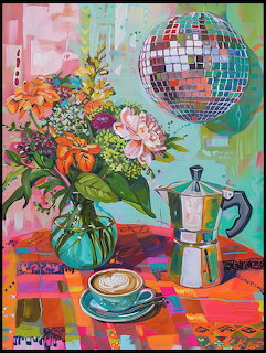 Colorful painting of disco ball, flowers in vase, coffee maker and cups on patterned table