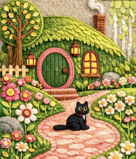 Felt craft hobbit house with green roof, round door, black cat sitting on stone path in flower garden
